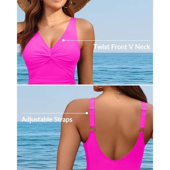 Holipick Women Pink Tummy Control One Piece Push Up Bathing Swimsuit - Picture 3 of 6